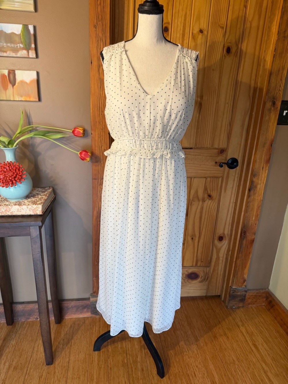 Maison Tara Polka Dot poly chiffon Sleeveless Midi Dress
